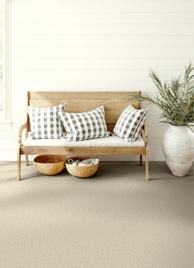 durable carpets in a bright hallway with wood bench